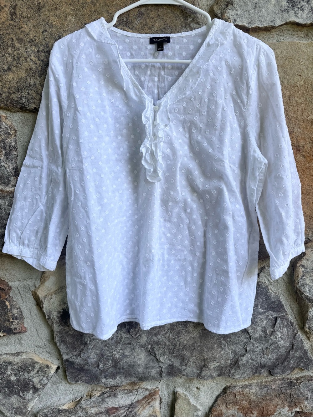 Talbots 100% Cotton White Swiss Dot Ruffle V-Neck Blouse Medium Coastal Capsule